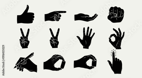 Collection of black silhouette hand gestures illustrating various signs including thumbs up, peace, OK, and writing
