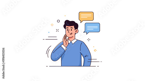 Smiling young caucasian male communicating with speech bubbles