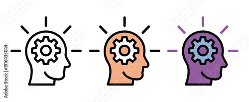 Human head with gear icon set, illustrating thinking, idea, and mental process, vector symbols for education