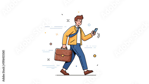 Young caucasian male professional walking with briefcase and mobile phone