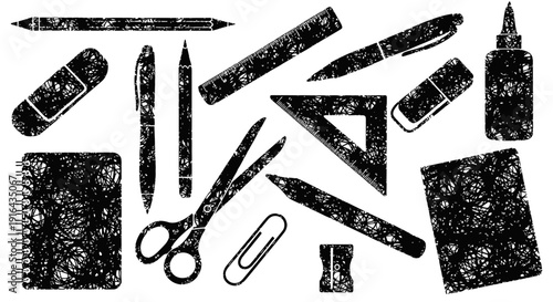 Collection of black scribbled stationery items including scissors, pens, pencils, paper clips, sticky notes, and bottles