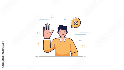 Young caucasian male waving goodbye with alert symbol in minimalistic illustration