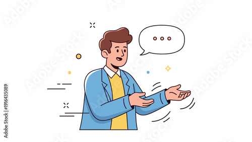 Cartoon young caucasian male character in blue blazer talking with speech bubble