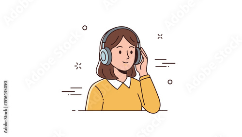 Illustration of a young caucasian female listening to music with headphones