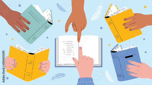 Multicultural hands pointing at open book pages surrounded by diverse reading materials