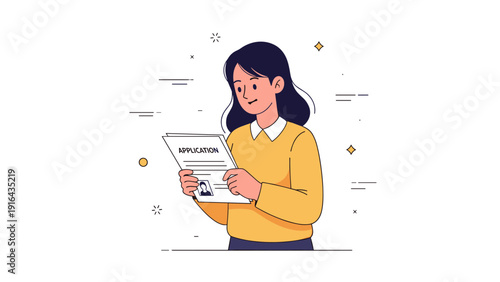 Asian female reviewing job application document with confidence