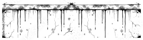 Hand drawn black dripping ink on a wall texture with cracks and crosshatch shading