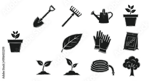 Collection of gardening and planting tools, seedlings, gloves, watering can, soil hose, and plant growth icons