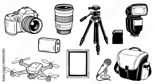 Collection of photography and videography equipment including camera, lens, tripod, drone, flash, and accessories