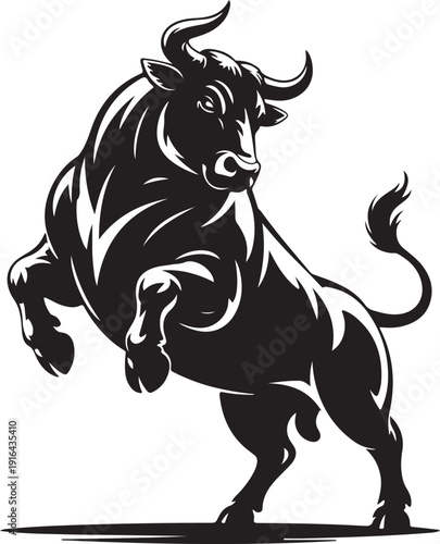 Powerful black bull silhouette jumping dynamic energy graphic art dark on transparent background