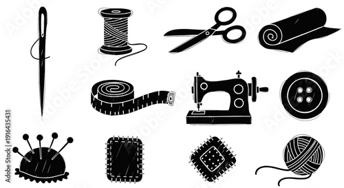 Collection of sewing and tailoring tools including needles, thread spool, scissors, measuring tape, fabric roll, sewing machine, button, pin cushion, pattern piece, and yarn