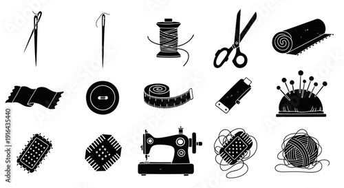 Collection of sewing and knitting tools including needles, thread, scissors, fabric, measuring tape, and yarn