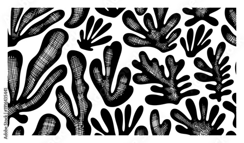 Hand drawn abstract organic shapes pattern with cross hatching texture