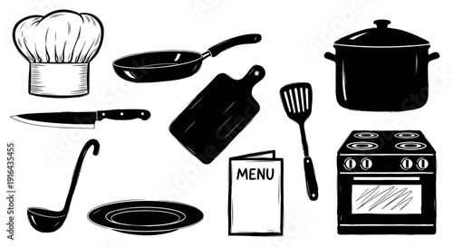 Collection of kitchen tools including chef's hat, frying pan, slicer, chopping board, utensils, cooker, plate, and menu