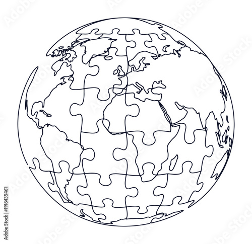 World globe puzzle continuous one line drawing. Minimalist vector outline illustration of earth map made of jigsaw pieces.
