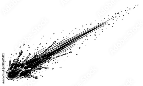 Dynamic hand drawn meteor comet splash with motion lines and stippling