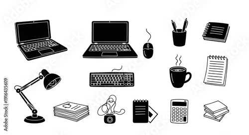 Collection of office and study items including laptops, keyboard, mouse, pens, notebooks, lamp, coffee mug, papers, camera, and calculator