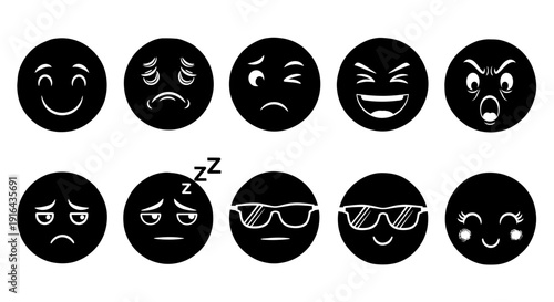 Collection of ten emoticons displaying various facial expressions, including happiness, sadness, anger, and coolness