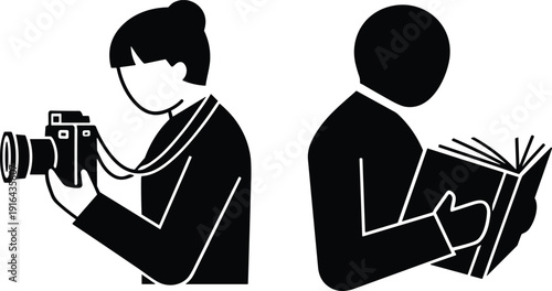Photographer and reader silhouette illustration set, camera holding person, book reading figure, hobby artwork concept, lifestyle vector design collection for education themes