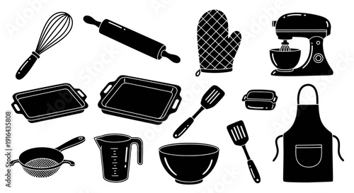 Collection of black silhouettes of kitchen utensils including whisk, rolling pin, oven mitt, mixer, baking trays, spatulas, pan, jug, bowl, and apron