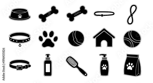 Collection of pet-related icons including bowls, bones, leash, collar, ball, house, and grooming tools