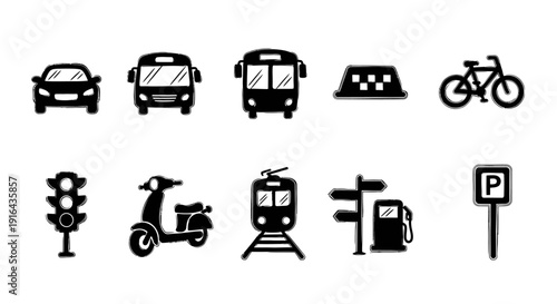 Collection of black and white icons representing various vehicles, transportation signs, and traffic signals