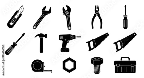 Collection of black and white silhouette repair tools including screwdriver, wrench, pliers, drill, saw, bolt, nut, tape measure, hammer, and toolbox