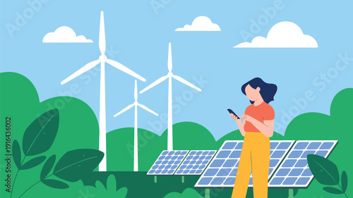 Sustainable energy landscape featuring woman using mobile phone with windmills and solar arrays in green fields