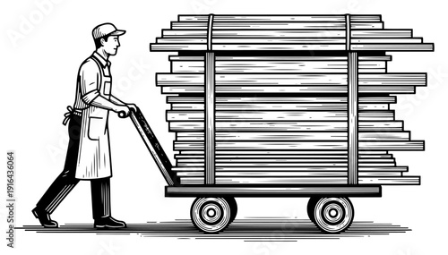 Hand drawn vector sketch of a worker pushing a cart loaded with timber planks