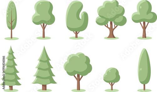 Cartoon tree set with various green deciduous and pine trees, cute flat nature illustration isolated on white background for kids, parks, landscape design