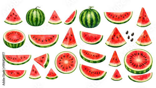 A charming watercolor collection of summer watermelons, including ripe whole fruits, vibrant red slices, sweet wedges, detailed rind textures, and seed accents.