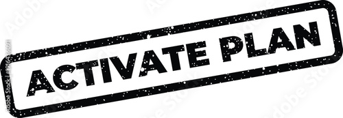 Rough textured rectangular stamp displaying activate plan text for business strategy implementation and project launches