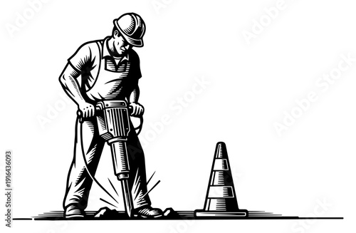 Ink sketch of a construction worker using a jackhammer to break pavement near a traffic cone