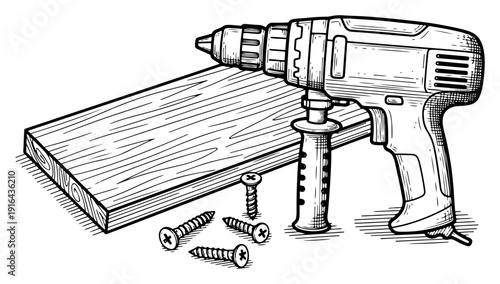 Electric power drill with wooden plank and screws in detailed vintage engraving style