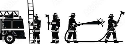 Firefighter silhouette set showing emergency response team with fire truck, ladder, hose and axe, fire rescue service illustration isolated on white background