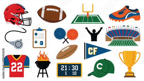 American football equipment and game day elements set including helmet ball stadium and trophy