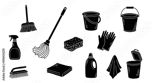 Collection of cleaning tools including mops, sponges, spray bottles, gloves, buckets, cloths, and a scrub brush