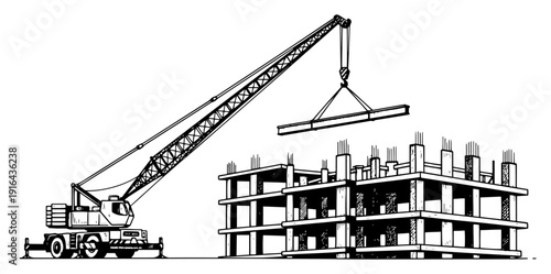Industrial construction crane lifting a steel beam onto a building frame illustration