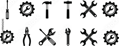 Tool icon illustration set, screwdriver, wrench, hammer, pliers, gear symbol, silhouette style, mechanical vector artwork collection for construction and repair themes