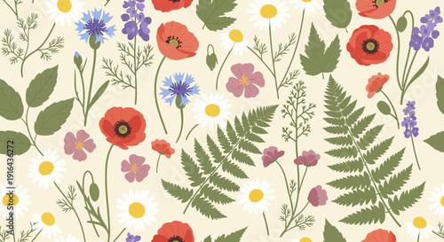 Colorful floral pattern with poppies and ferns on a cream background.
