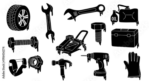 Collection of black silhouette tools and auto parts, including tire, wrench, drill, screws, and toolbox