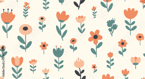 Seamless floral pattern with orange and peach flowers on white background.