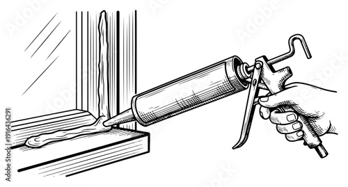 Hand using caulking gun to apply sealant to window frame in engraving style