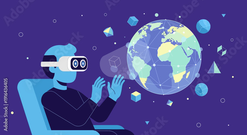 Person wearing virtual reality headset interacting with digital globe.
