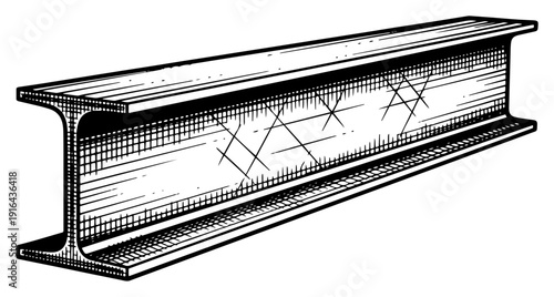 Detailed hand drawn ink sketch of a structural steel I-beam for construction