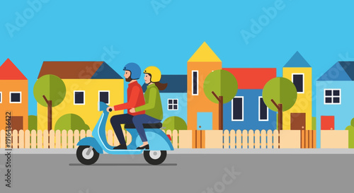 Couple Riding Scooter Past Colorful Houses on Sunny Day.