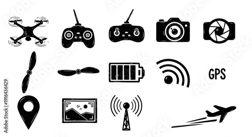 Collection of icons including a drone, remote controls, cameras, propellers, battery, antenna, and an airplane