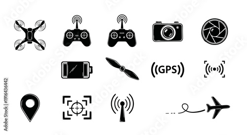 Collection of black and white icons representing drones, remote controls, cameras, and wireless signals