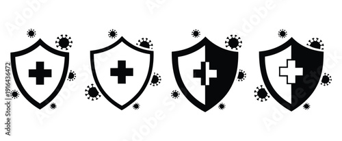 Immunity icons symbol sign badge, black and white line vector illustration sets, simple design representing immune system