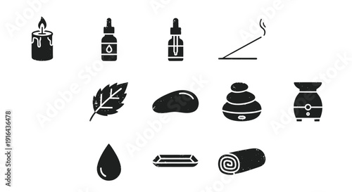 Collection of natural and wellness items including candles, oils, herbs, stones, and spa essentials